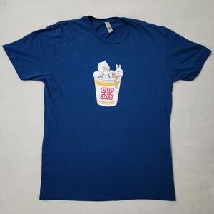 Adult BUNNY RAMEN CUP of JOY Graphic Print Tshirt Sz L Blue